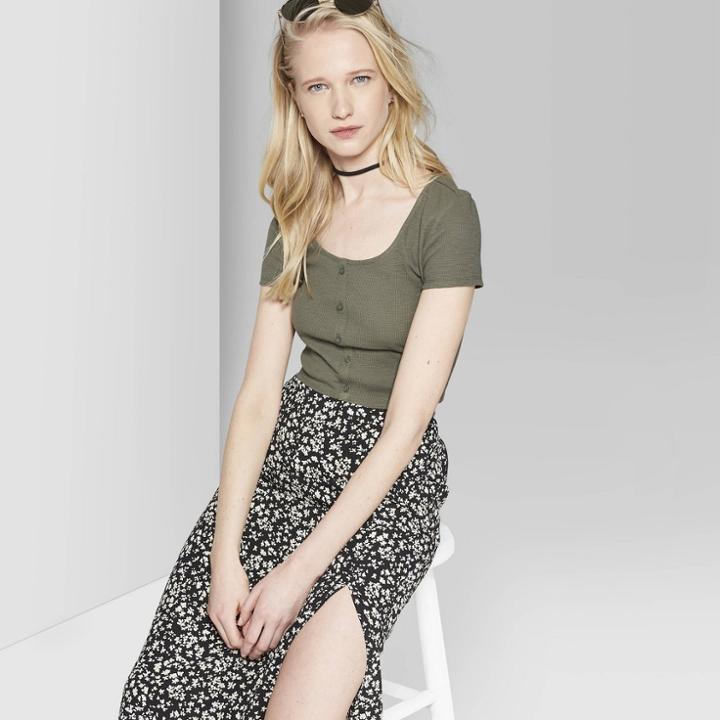 Women's Short Sleeve Button Front Waffle T-shirt - Wild Fable Olive