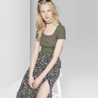 Women's Short Sleeve Button Front Waffle T-shirt - Wild Fable Olive