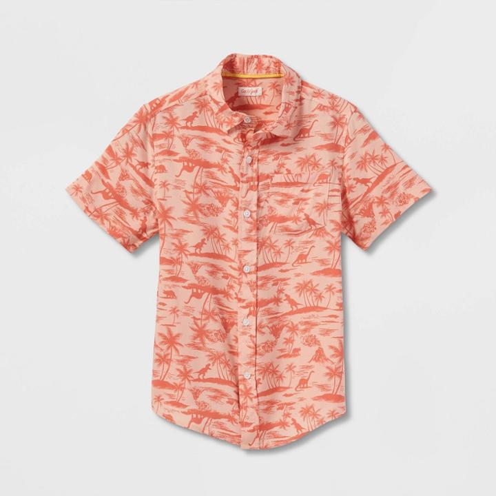 Boys' Tropical Dino Print Short Sleeve Challis Woven Shirt - Cat & Jack Coral Pink