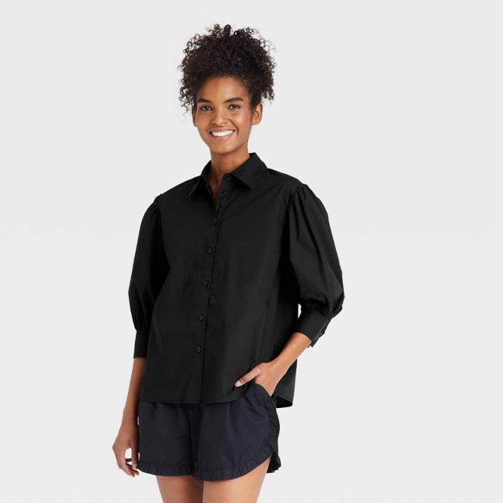 Women's Puff Elbow Sleeve Button-down Shirt - Who What Wear Black