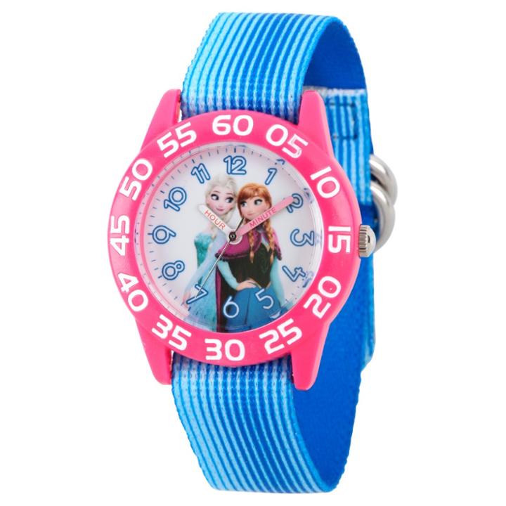 Girls' Disney Frozen Elsa And Anna Girls' Pink Plastic Time Teacher Watch - Blue, Girl's