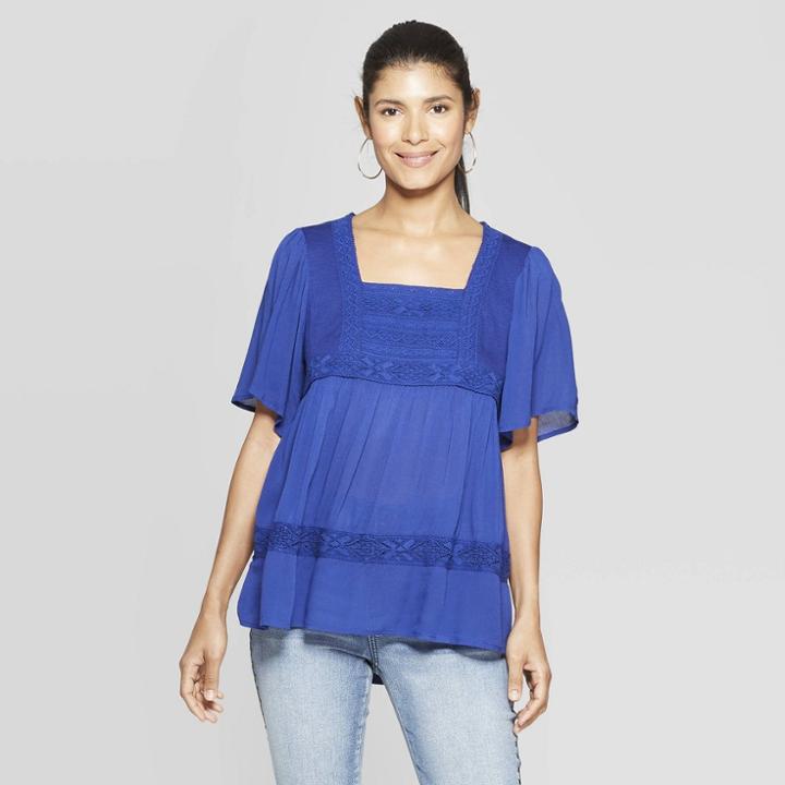 Women's Short Sleeve Square Neck Blouse With Crochet Trim - Knox Rose Blue
