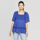 Women's Short Sleeve Square Neck Blouse With Crochet Trim - Knox Rose Blue