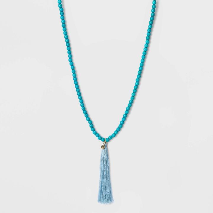 No Brand Semi Precious Beaded Tassel Pendant Necklace - Turquoise/gold, Women's