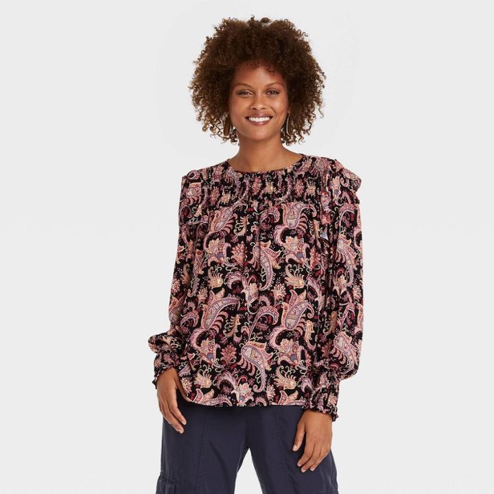 Women's Ruffle Long Sleeve Smocked Blouse - Knox Rose Black Jacquard