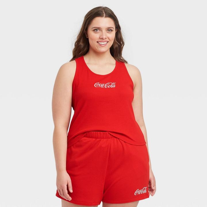 Coca-cola Women's Plus Size Coca Cola Ribbed Graphic Tank Top - Red