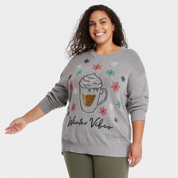 Well Worn Women's Plus Size Holiday Winter Vibes Graphic Pullover Sweater - Gray