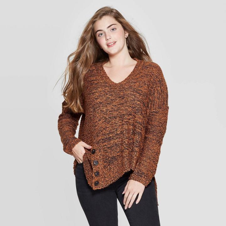 Women's Long Sleeve V-neck Oversized Side Button Asymmetrical Hem Pullover Sweater - Xhilaration Tan Xs, Women's, Brown