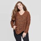 Women's Long Sleeve V-neck Oversized Side Button Asymmetrical Hem Pullover Sweater - Xhilaration Tan Xs, Women's, Brown