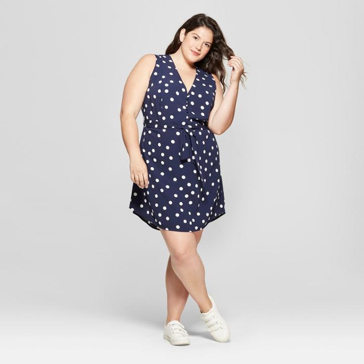 Women's Plus Size Polka Dot Button Crepe Dress - A New Day Navy