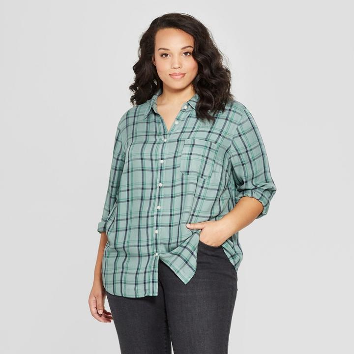 Women's Plus Size Plaid Long Sleeve Collared Shirt - Universal Thread Green
