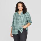 Women's Plus Size Plaid Long Sleeve Collared Shirt - Universal Thread Green