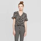 Women's Floral Print Ruffle Short Sleeve V-neck Tunnel Front Top - Who What Wear Black/white