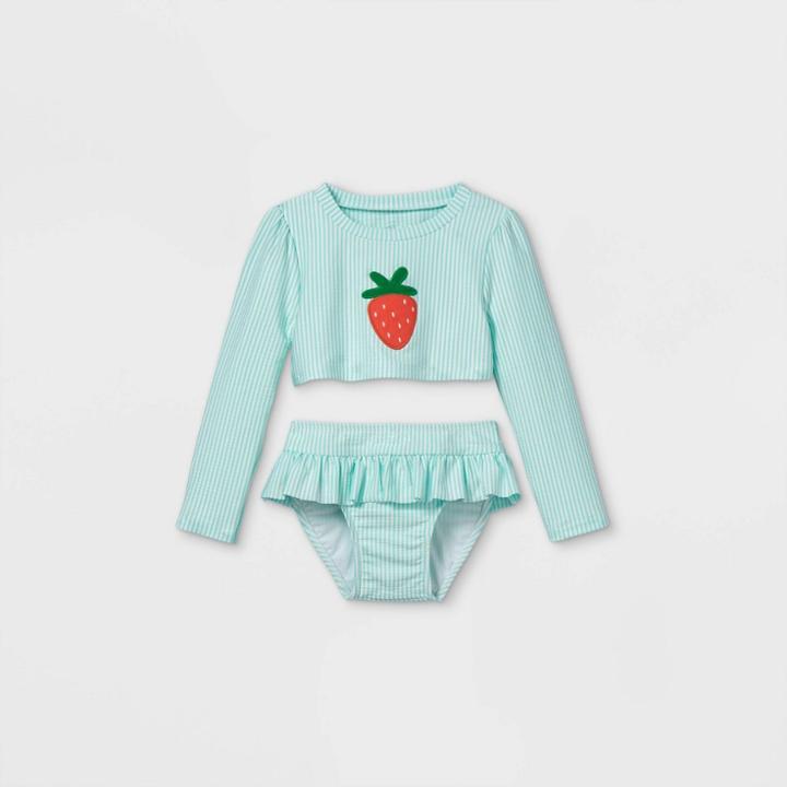 Toddler Girls' 2pc Seersucker Strawberry Long Sleeve Rash Guard Set - Cat & Jack Aqua