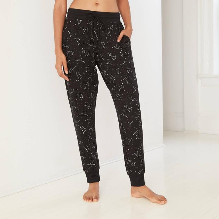 Women's Star Print Beautifully Soft Fleece Lounge Jogger Pants - Stars Above Black