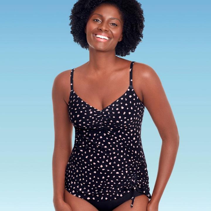 Women's Slimming Control Asymmetrical Tankini Top - Dreamsuit By Miracle Brands Black Taupe