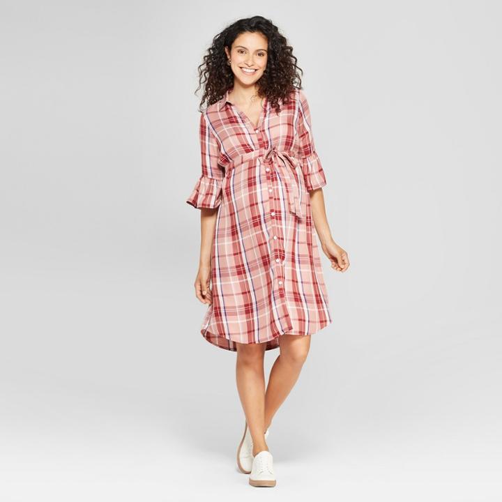Maternity Plaid Bell Sleeve Woven Tie Waist Shirtdress - Isabel Maternity By Ingrid & Isabel Rose Xl, Infant Girl's, Pink