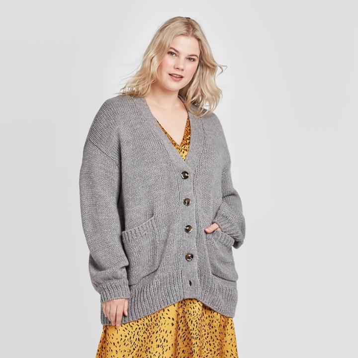 Women's Plus Size Tinsel Puff Long Sleeve Cardigan - Who What Wear Gray 1x, Women's,