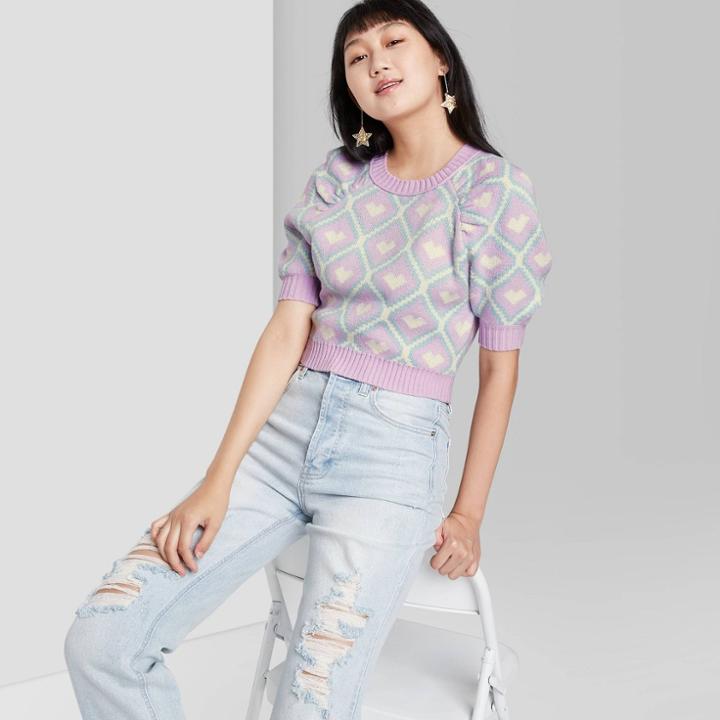 Women's Heart Print Short Sleeve Crewneck Cropped Pullover Sweater - Wild Fable Lavender