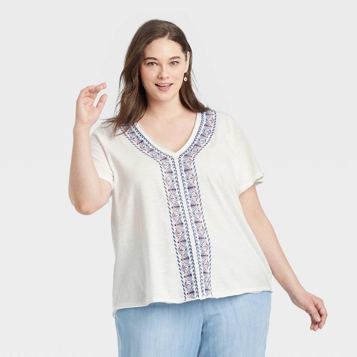 Women's Plus Size Short Sleeve V-neck Embroidered Top - Knox Rose Ivory