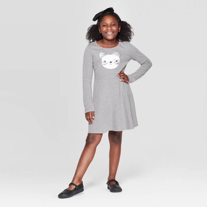 Girls' Panda Knit Long Sleeve Dress - Cat & Jack Gray