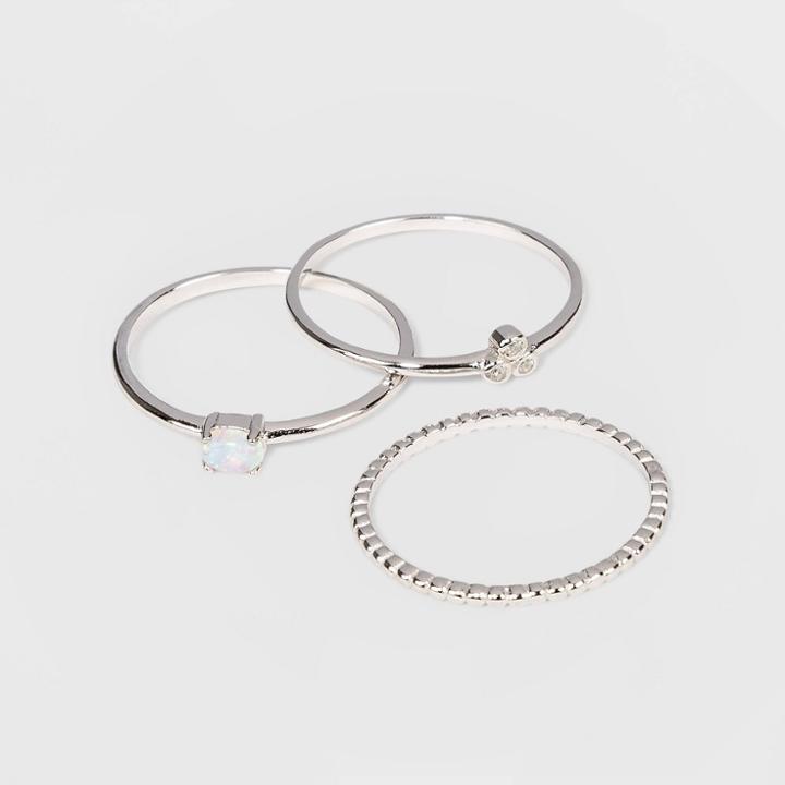 Sterling Silver With Opal And Cubic Zirconia Beaded Band Stacking Ring Set 3pc - A New Day Silver 7, Women's, Clear