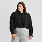 Women's Plus Size Swiss Dot Long Sleeve Tie-neck Blouse - A New Day Black