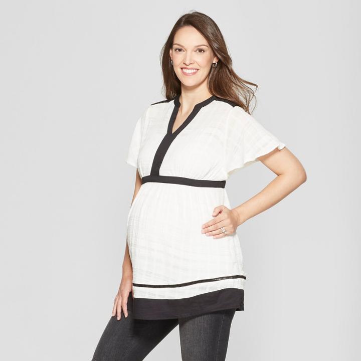 Maternity Short Sleeve Woven Color Block Blouse - Isabel Maternity By Ingrid & Isabel White/black