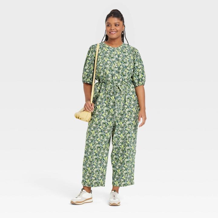 Women's Plus Size Puff 3/4 Sleeve Jumpsuit - Universal Thread Green Floral