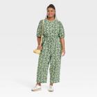 Women's Plus Size Puff 3/4 Sleeve Jumpsuit - Universal Thread Green Floral
