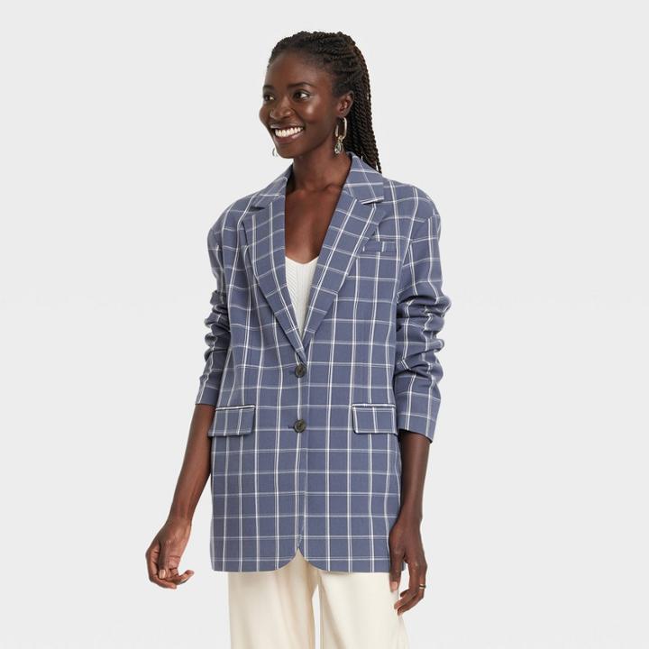 Women's Boxy Blazer - A New Day Blue Windowpane