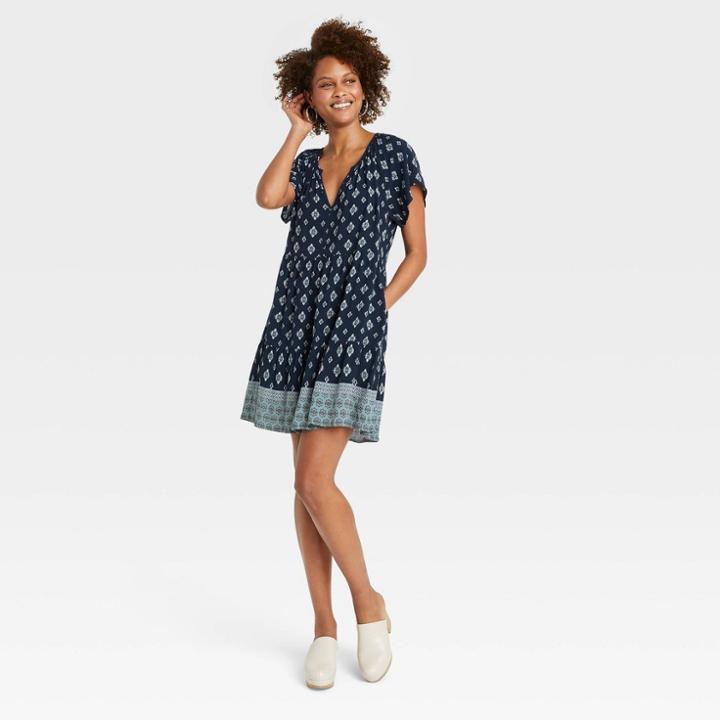 Women's Flutter Short Sleeve Tiered Dress - Knox Rose Navy Ikat