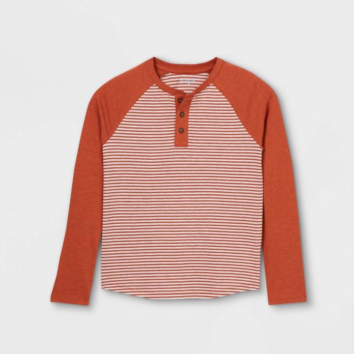 Boys' Striped Double Knit Henley Long Sleeve T-shirt - Cat & Jack Copper