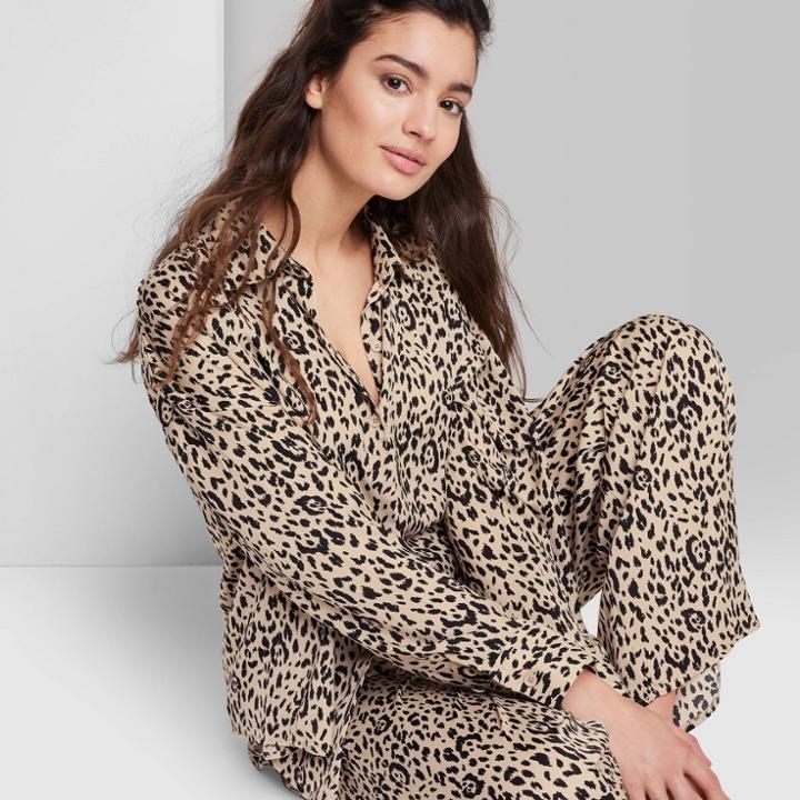 Women's Ascot + Hart Woven Graphic Pajama Button-down Top - Tan Leopard Print