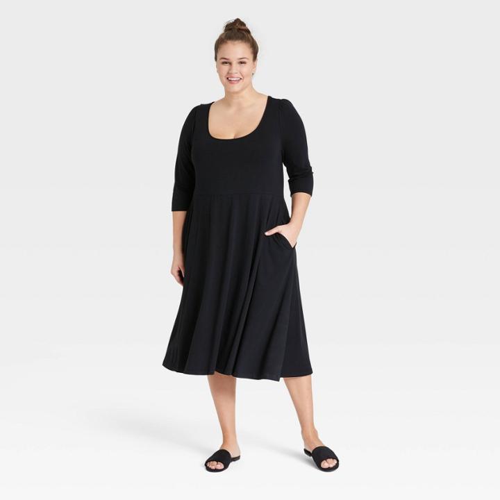 Women's Plus Size 3/4 Sleeve Babydoll Dress - Ava & Viv Black X