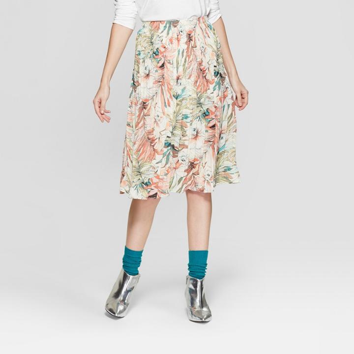 Women's Floral Print Pleated Midi Skirt - Spenser Jeremy - Tan