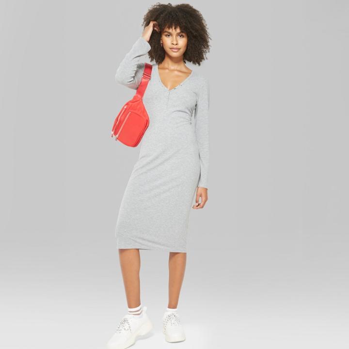 Women's Long Sleeve Henley Midi Dress - Wild Fable Heather Gray