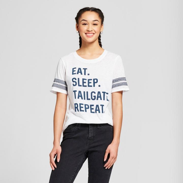 Women's Eat.sleep.tailgate.repeat Short Sleeve Graphic T-shirt - Modern Lux (juniors') White