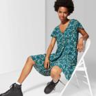 Women's Floral Print Short Sleeve V-neck Button Front A Line Mini Dress - Wild Fable Teal