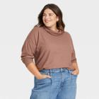 Women's Plus Size Long Sleeve Turtleneck Waffle T-shirt - A New Day Brown
