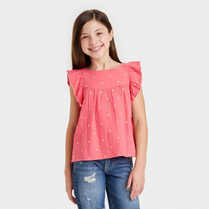 Girls' Ruffle Sleeve Woven Shirt - Cat & Jack Coral