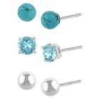 Distributed By Target Women's Sterling Silver Stud Earrings Set With 3 Pairs Of 2 Studed Crystal And Ball - Silver/green,
