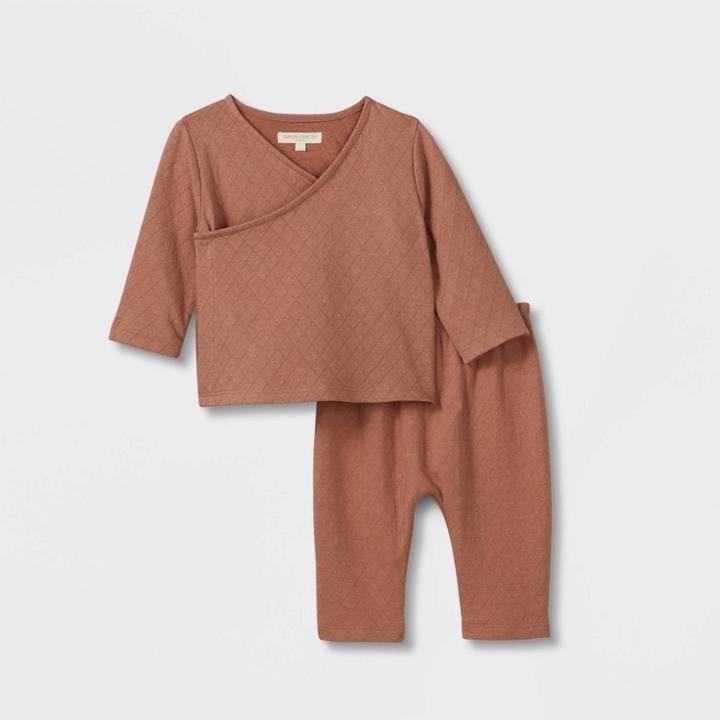 Grayson Collective Baby 2pc Quilted Jacquard Wrap Top & Bottom Set - Brown Newborn