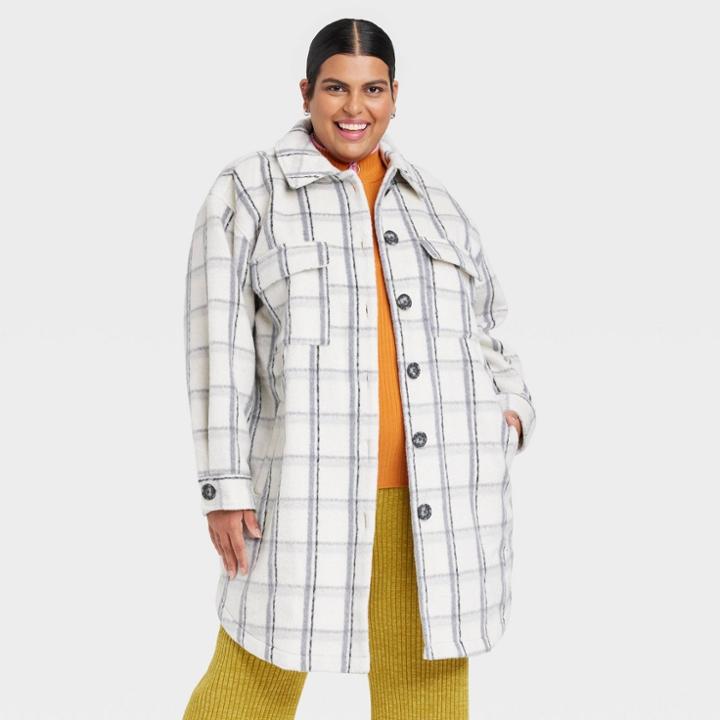 Women's Plus Size Shacket - Ava & Viv Cream Plaid 1x, Ivory Plaid