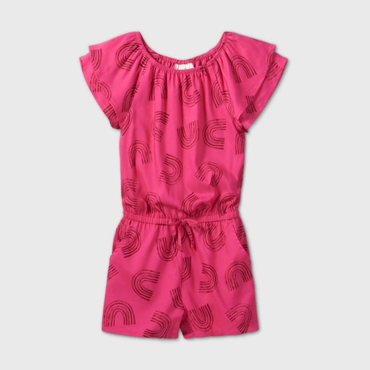 Toddler Girls' Short Sleeve Rainbow Romper - Cat & Jack Dark Pink