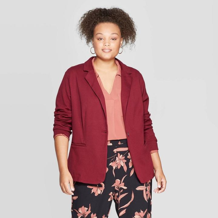 Women's Plus Size Deep V-neck Knit Blazer - Ava & Viv Burgundy (red) X