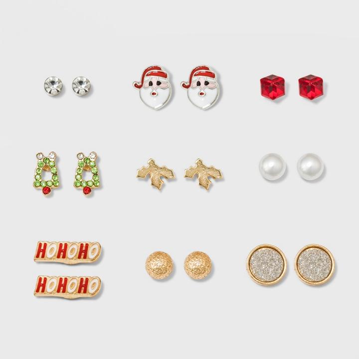 Target Bezel Stone, Square, Santa Claus And Simulated Pearl Earring Set 9ct,