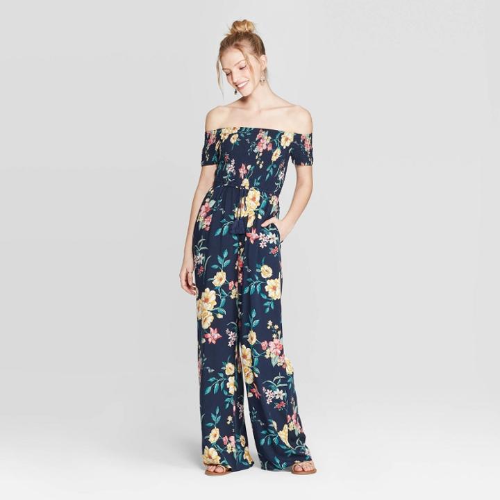 Women's Striped Short Sleeve Off The Shoulder Smocked Jumpsuit - Xhilaration Black