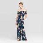 Women's Striped Short Sleeve Off The Shoulder Smocked Jumpsuit - Xhilaration Black