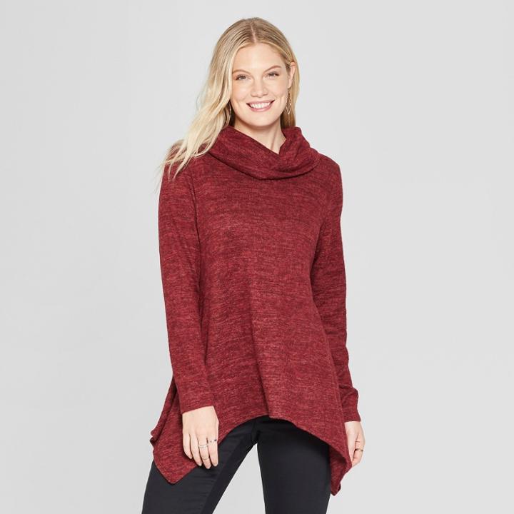Women's Long Sleeve Cowl Neck Sharkbite Hem Cozy Tunic - Jillian Nicole - Burgundy
